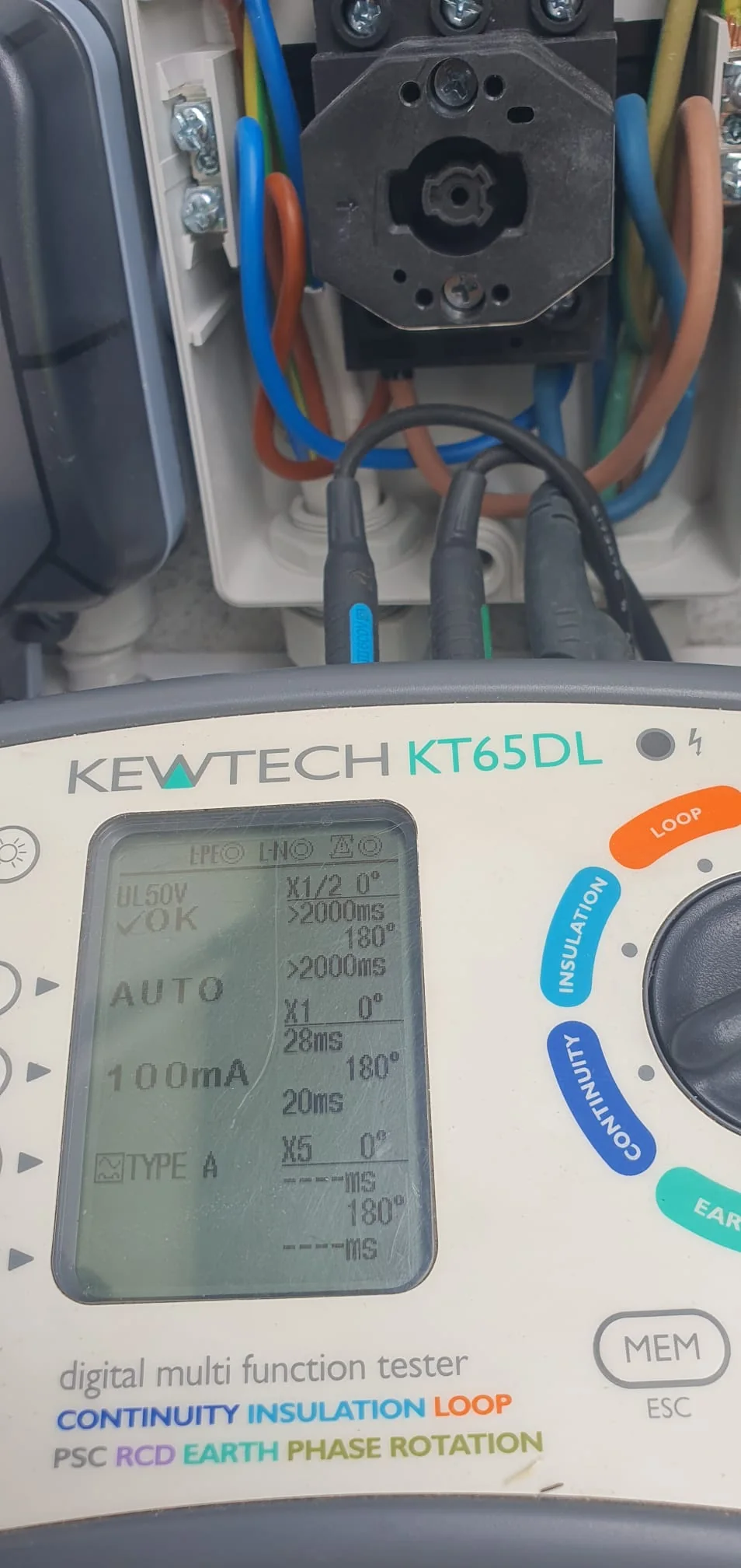 Electrical installation being tested with a multifunction tester