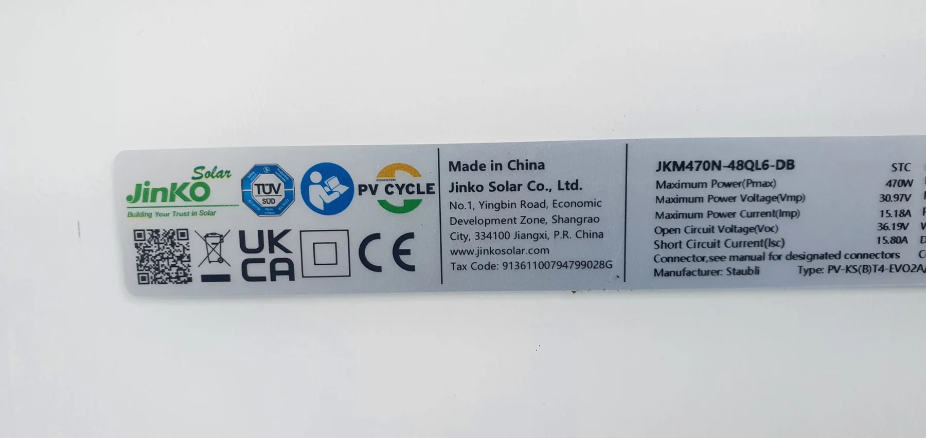 Jinko Solar 470 watt solar panel specification label